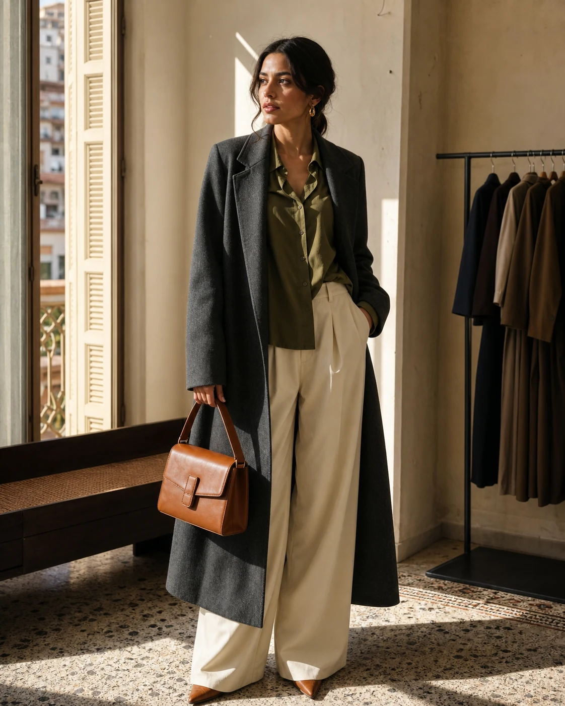 Femme portant un costume long dans l’atelier